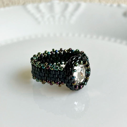 [Royal Elegance]| Transparent Glass  Diamond& Dark Beads|Handmade Wide Ring