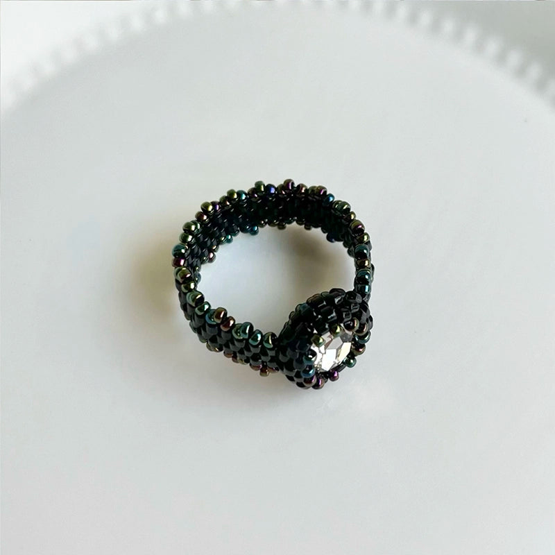 [Royal Elegance]| Transparent Glass  Diamond& Dark Beads|Handmade Wide Ring